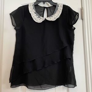 Sheer black shirt sleeve blouse, Peter Pan collar. Asymmetric layers on front.